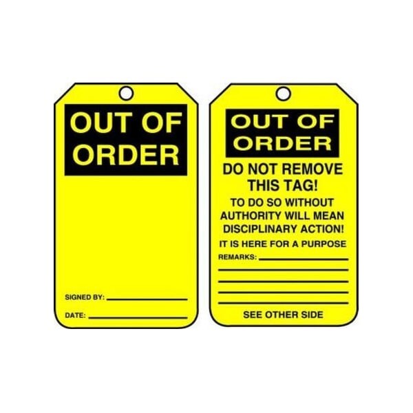 Accuform Safety Tags, OUT OF ORDER, 5.75in x 3.25in, RP-Plastic, 5PK MGT201PTM - main